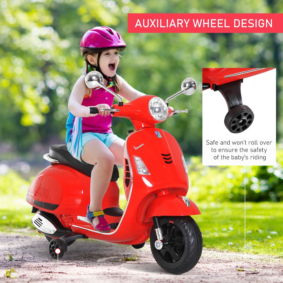 image 1 of HOMCOM Kids Ride On Licensed Vespa Motorcycle 6V MP3 Music LED Lights, Red