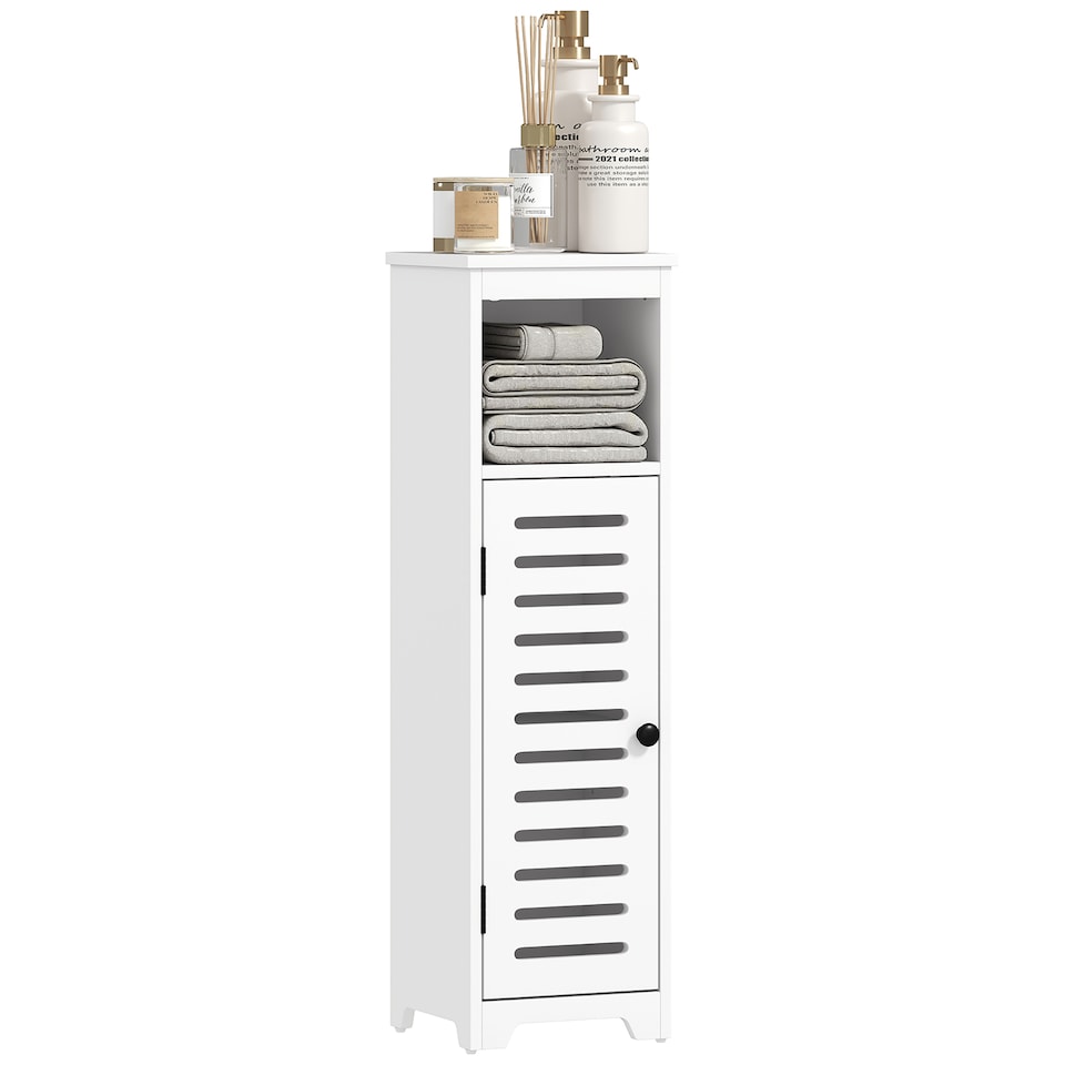 image 1 of HOMCOM Slim Bathroom Floor Cabinet with Louvered Door, Bathroom Storage Unit with Open Shelf, Adjustable Shelf, Freestanding Bathroom Cabinet Storage Cupboard, for Bathroom Living Room Kitchen, White
