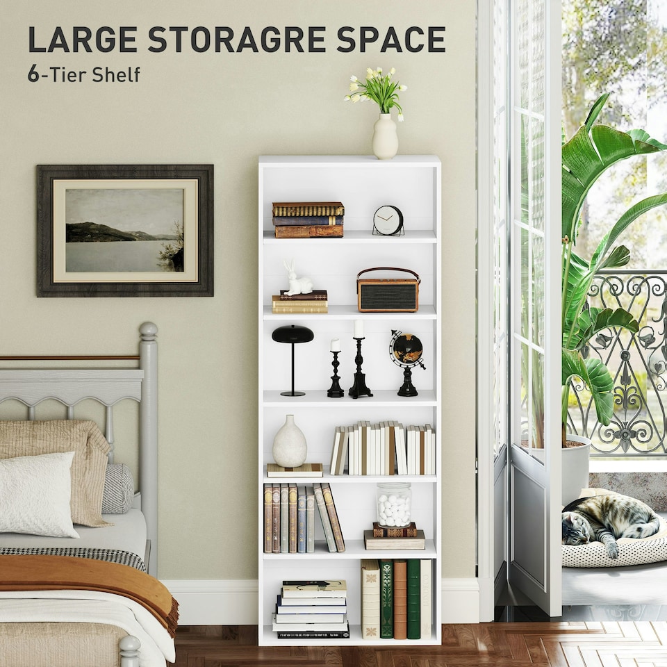 image 1 of HOMCOM 6 Tier Bookshelf, Freestanding Bookcase with Adjustable Shelves, White White