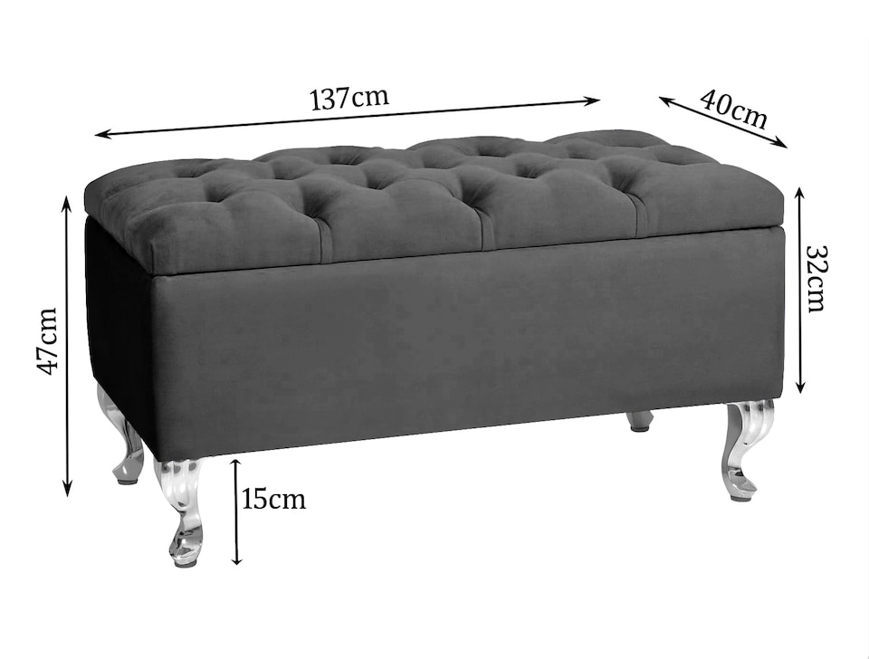 image 1 of Londona 137cm Chesterfield Ottoman Storage Bench - Plush Velvet Shoe Bench - Steel Grey Upholstery Footstool with Storage