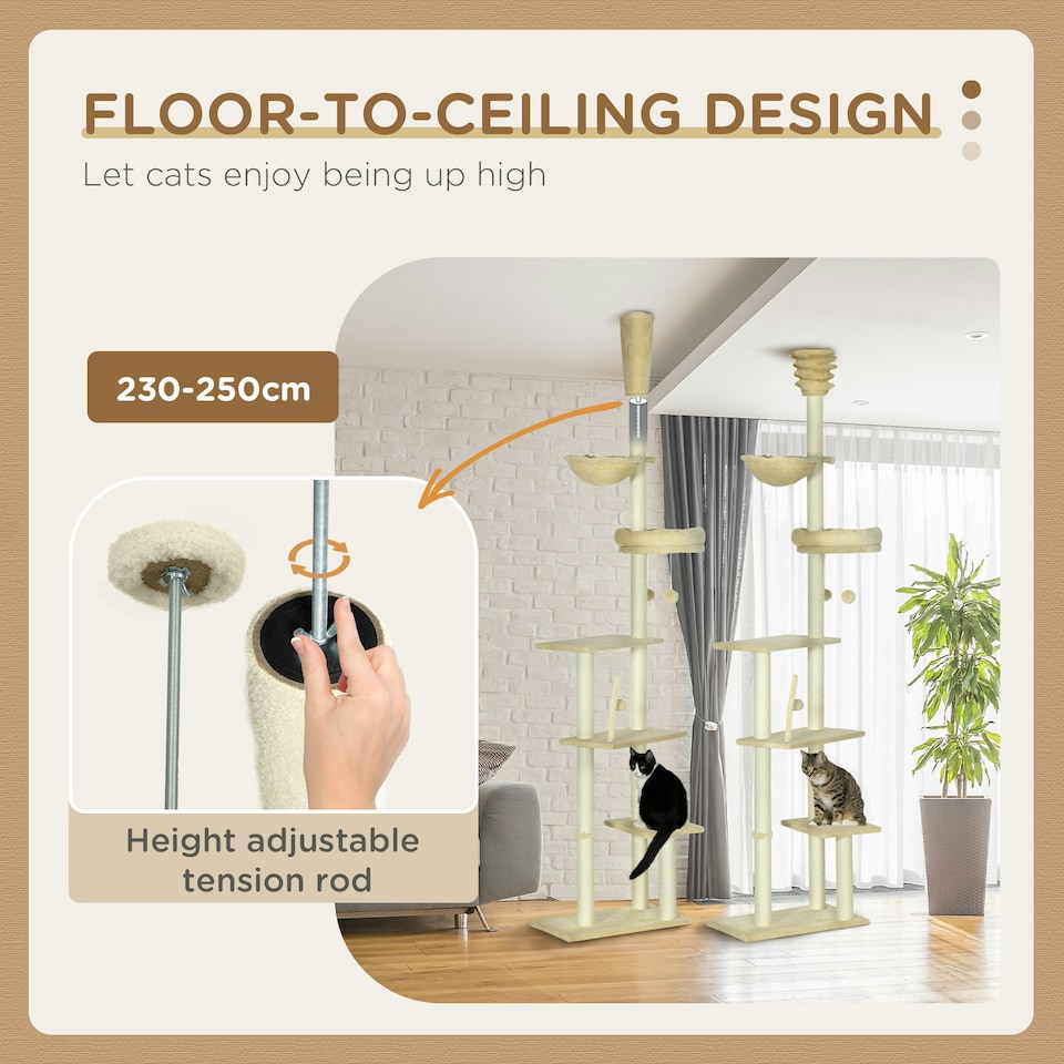 image 1 of PawHut Floor To Ceiling Cat Tree 6-Tier with Scratch Post Bed Hammock Beige