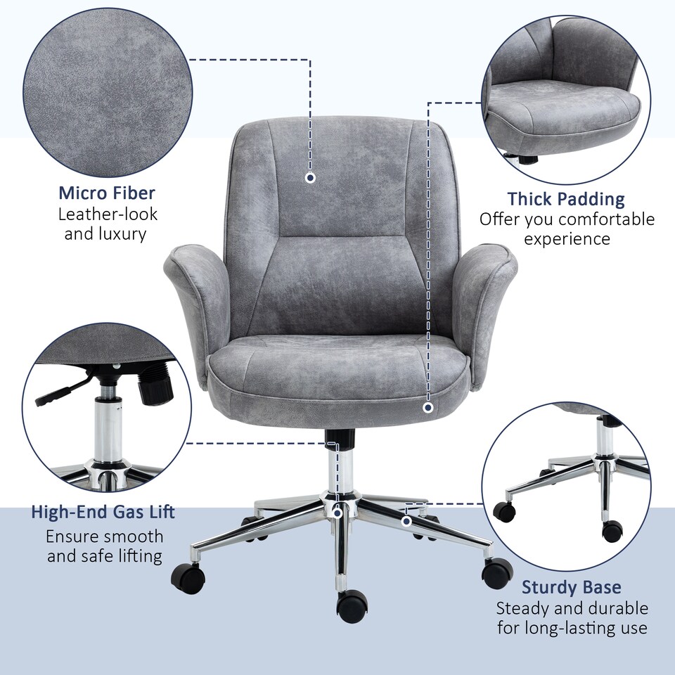 image 1 of Vinsetto Swivel Computer Office Chair Mid Back Desk Chair for Home Study Bedroom, Light Grey