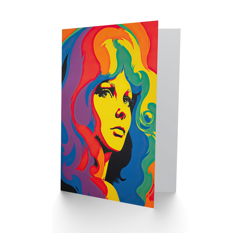 image 1 of Colourful 1960s Retro Psychedelic Rainbow Woman Portrait Greeting Card