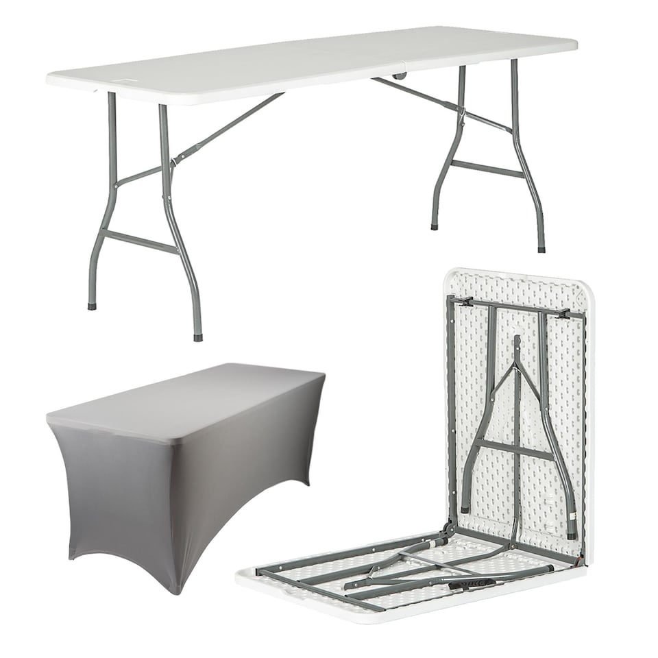 image 1 of Harbour Housewares Folding Picnic Table with Fitted Tablecloth - 180cm (6ft) - White/Grey | Grey | White/Grey