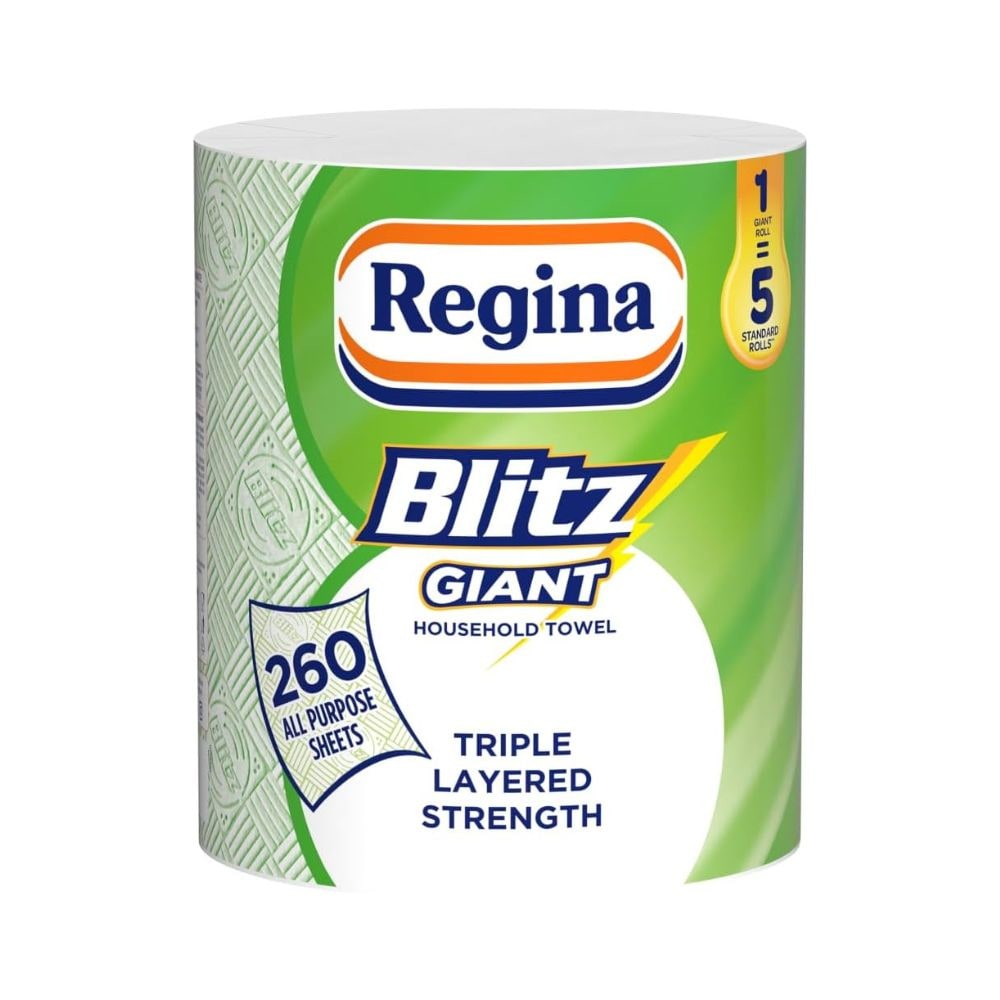 Regina Blitz Giant 1 Roll Multi-Purpose Household Towels, 3 Ply, 260 Sheets Per Roll, Triple Layered Strength, Household Towels Made With Virgin Pulp, Recyclable Paper Packaging, and FSC Certified