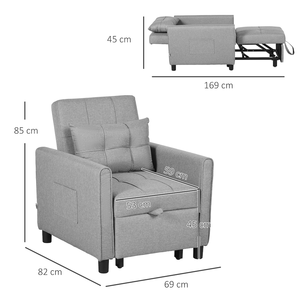 image 1 of HOMCOM Pull Out Chair Bed, Sleeper Chair with Pillow Light Grey