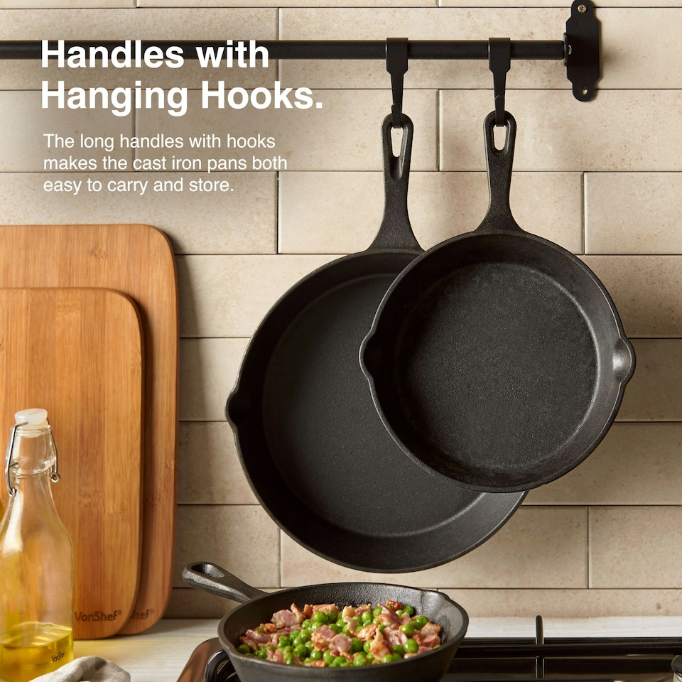 image 1 of VonShef 3Pc Cast Iron Skillet Pan Set - 6", 8", 10"