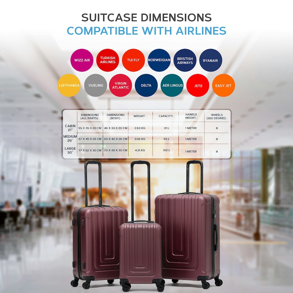 image 1 of Flight Knight Premium Lightweight Suitcase - Built-in Side Lock with USB Port - 8 Spinner Wheels - Hard Shell Carry On Or Check in Luggage 100 Airlines Approved Purple | Burgundy | Large