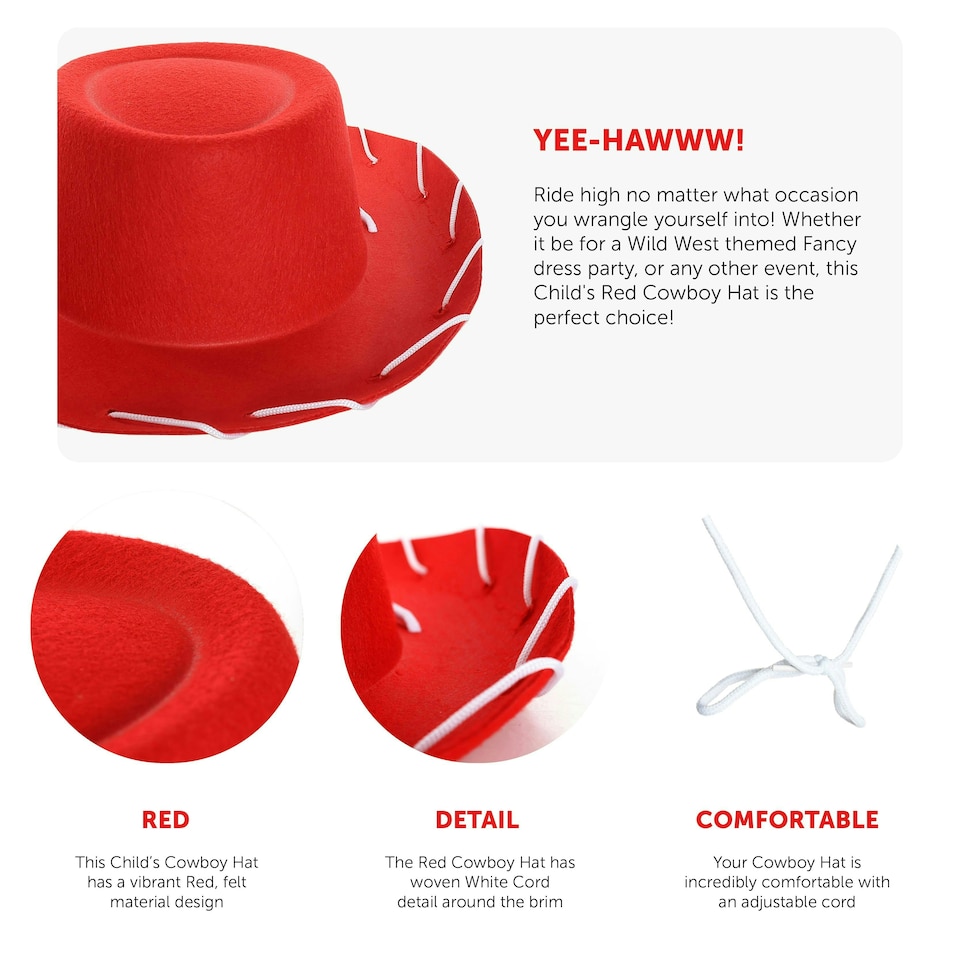 image 1 of Child's Red Cowboy Hat – Fun Fancy Dress Western Hat for Kids Red | 1