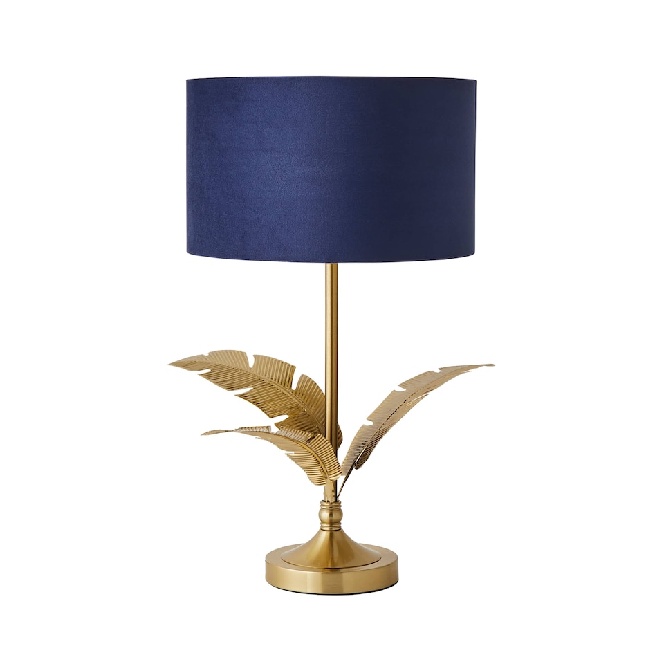 image 1 of ValueLights Christina Gold Palm Leaf Table Lamp Navy Velvet Gold Shade and Bulb