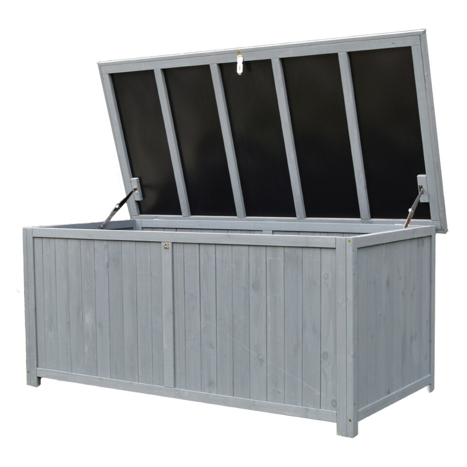 image 1 of JSH 468L Wooden Garden Storage Box with Lockable Showerproof Lid Chest Container for Patio Fir Wood in Grey