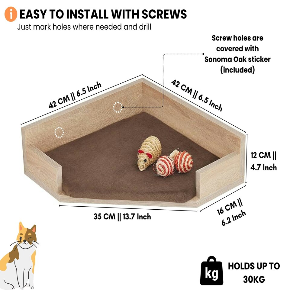 image 1 of NOVECRAFTO Corner Wall-Mounted Cat Bed – Sonoma Oak Beige – Brown Cushion – 35cm Wide – Space-Saving Shelf Holds up to 30kg for Cats