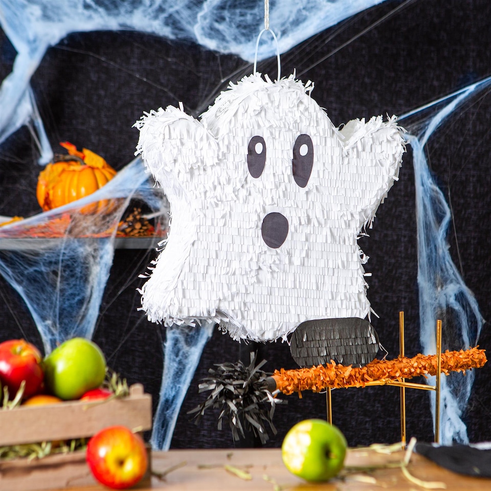 image 1 of Pinatas Halloween Ghost Cardboard Pinata, Stick and Blindfold Set - W42cm x D10cm x H40.5cm - White