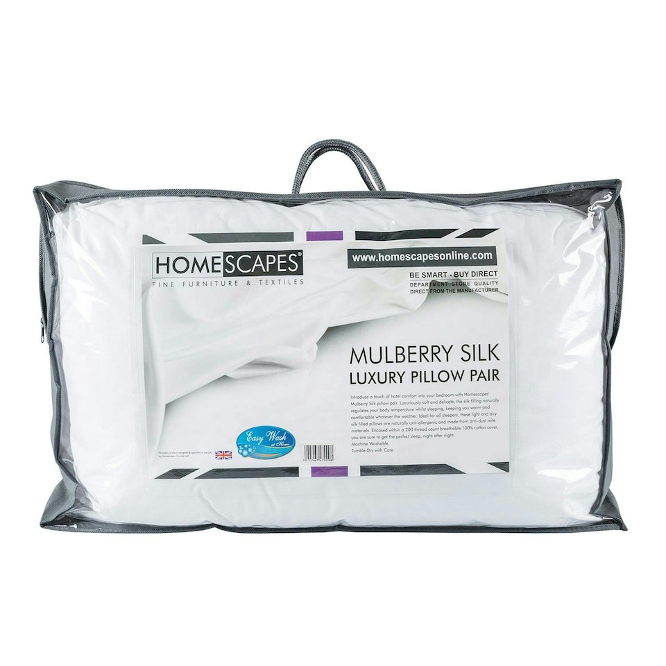 image 1 of Homescapes Pure Mulberry Silk Blend Pillow Pair with Cotton Casing | White | 48cm x 74cm (19" x 29")