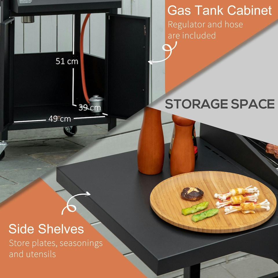 image 1 of Outsunny 3 Burner Gas Grill Portable BBQ Trolley w/ 4 Wheels and Side Shelves