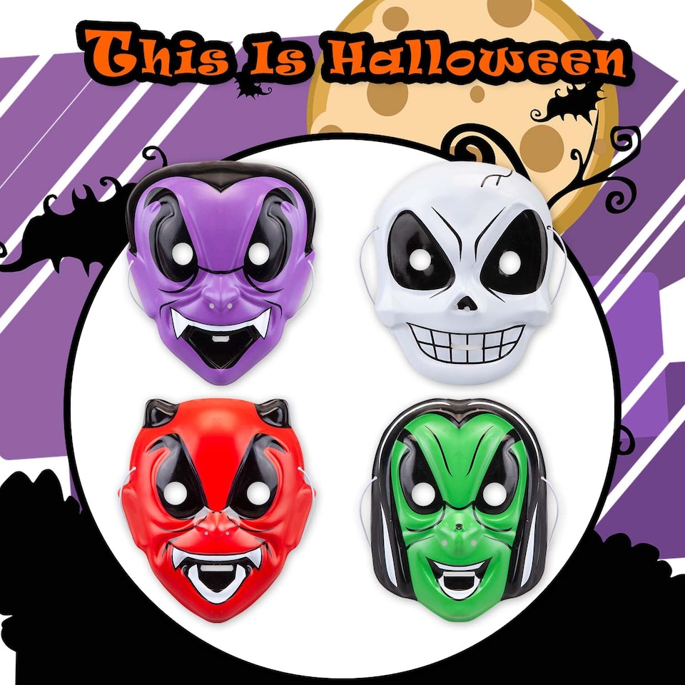 image 1 of PMS Halloween Children’s Masks 4-Pack - Witch, Devil, Skull, Vampire.