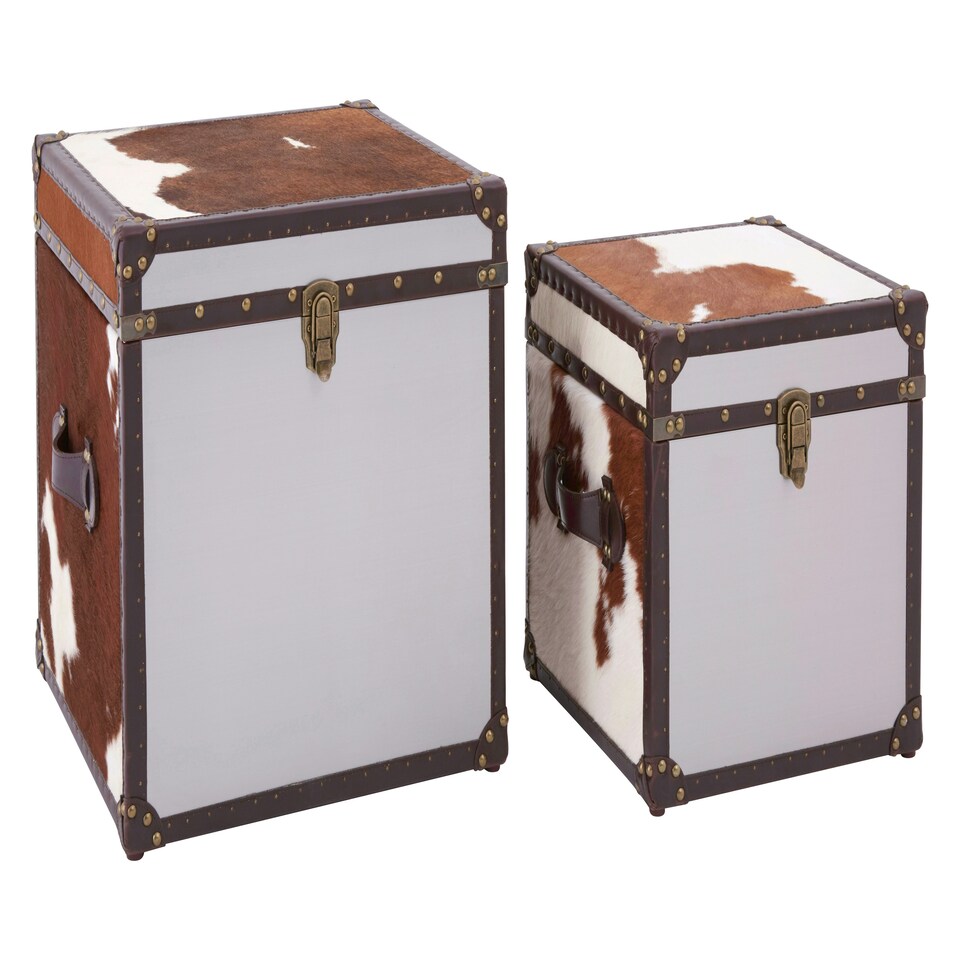 image 1 of Interiors By Premier Brown & White Genuine Cowhide Storage Trunk Set,Chest Boxes With Toggle Latches,Trunk With Real Leather Trim Brown