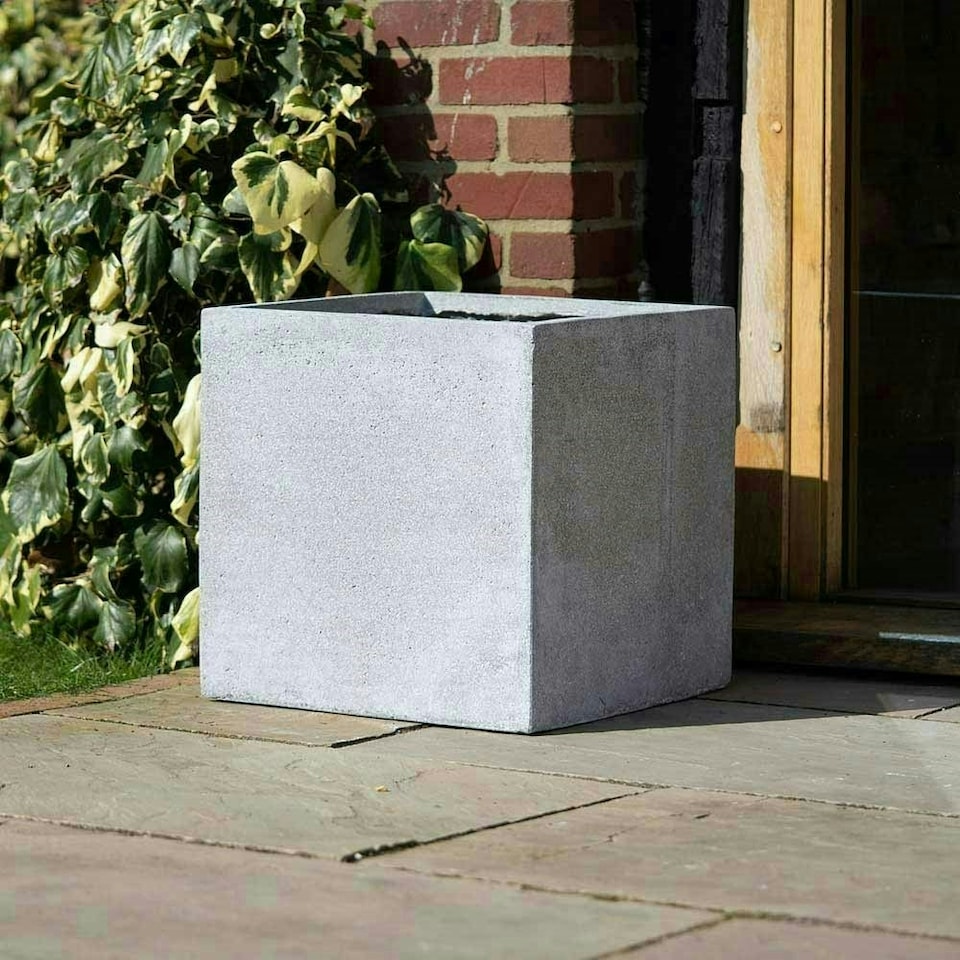 image 1 of Primrose Grey Cube Handmade Fiberstone Indoor Outdoor Planter 50cm