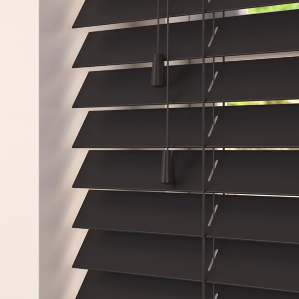 image 1 of 90cm Onyx Smooth Finish Faux Wood Venetian Blinds with Strings (120cm Drop) | Black | Black