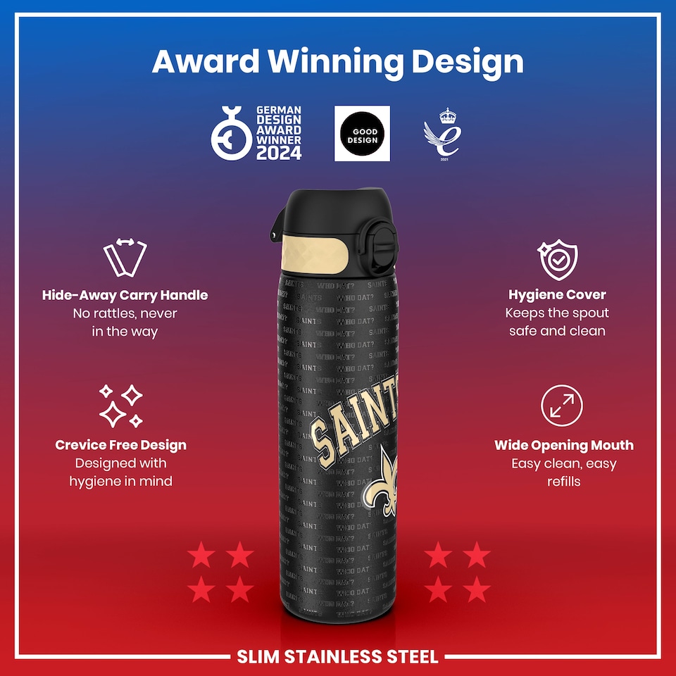 image 1 of Leak Proof Slim Water Bottle, Stainless Steel, NFL, 600ml (20oz) | Black | NFL Saints | One Size