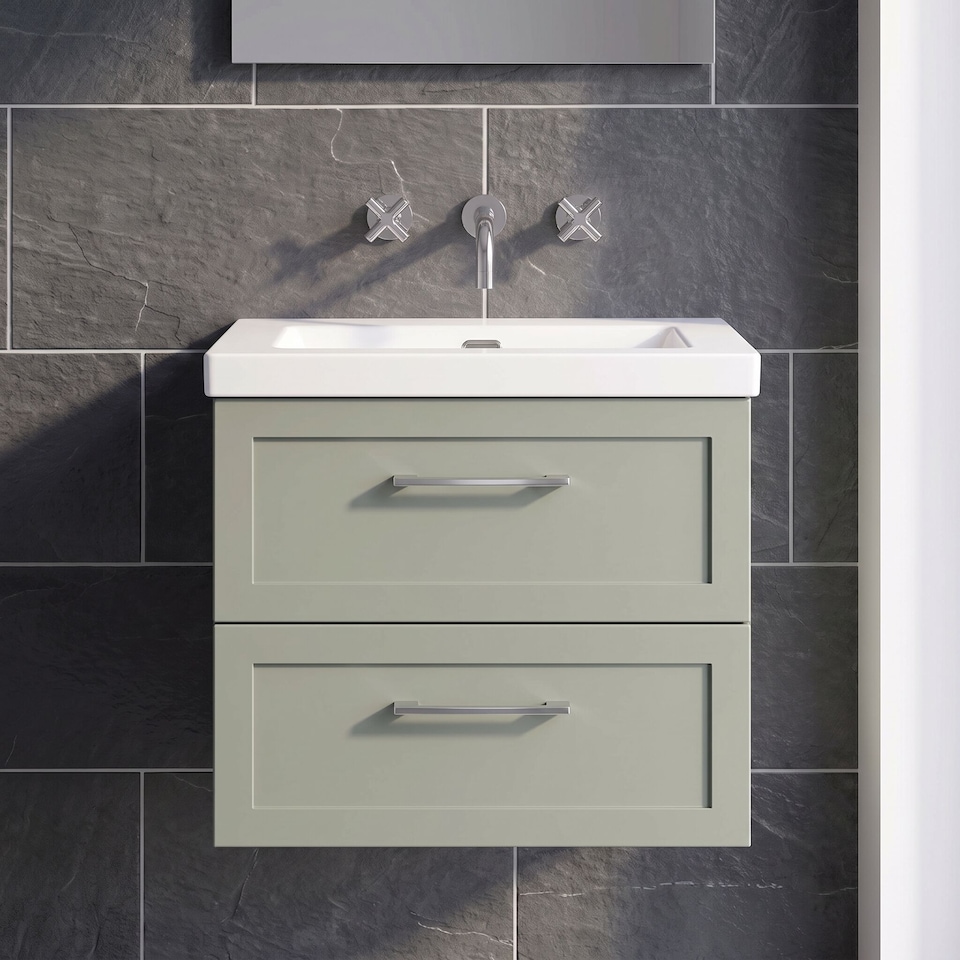 image 1 of Balterley Stonnall Traditional Wall Hung 2 Drawers Vanity Unit with 0 Tap Hole Fireclay Basin, 600mm, Reed Green