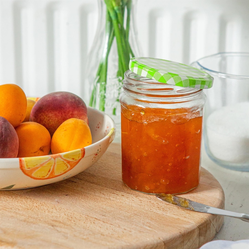 image 1 of Argon Tableware Glass Jam Jars with Green Gingham Lids - 380ml - Pack of 6