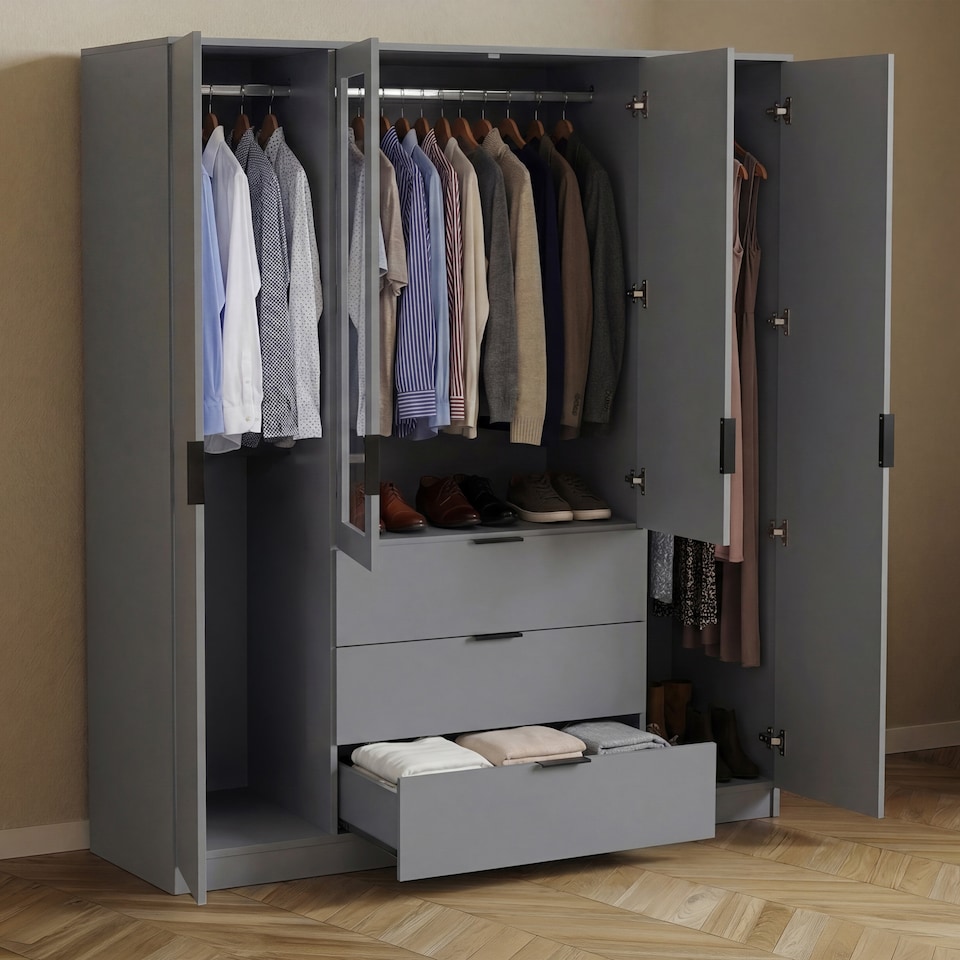 image 1 of Vida Designs Trega 4 Door 3 Drawer X-Large Mirrored Modern Wardrobe Unit, Grey