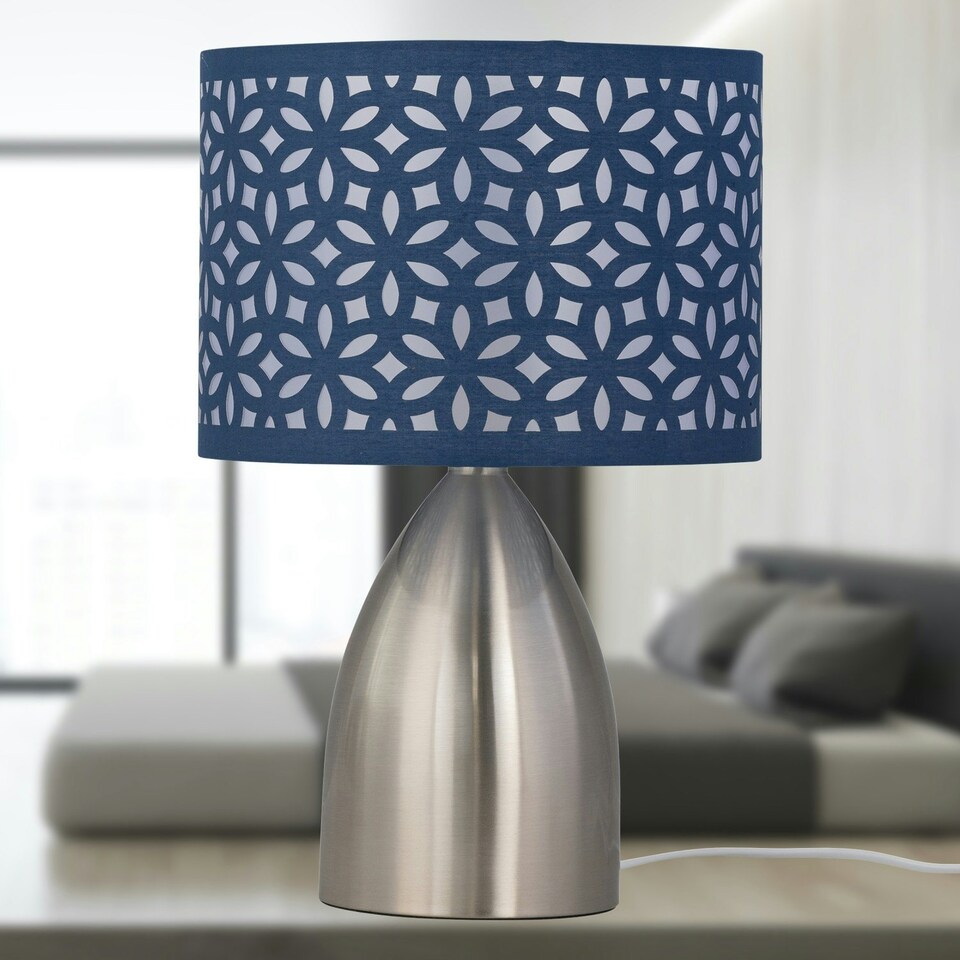 image 1 of First Choice Lighting Valentina Brushed Chrome Touch Lamp with Navy Blue Cut Out Shade Silver | Blue