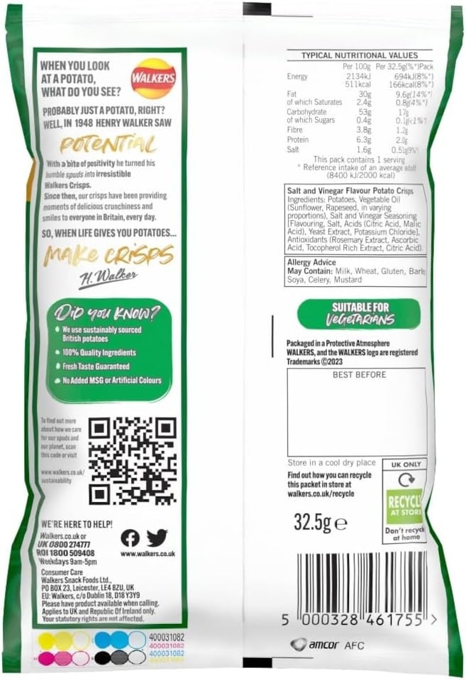 image 1 of Walkers Salt & Vinegar Crisps 32.5g (Case of 32)