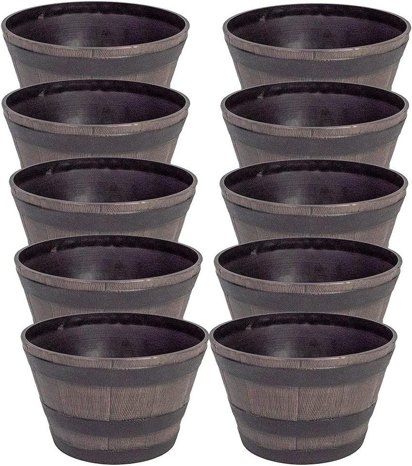 image 1 of Garden Decor Wooden Effect Barrel Planter, Outdoor Half Whiskey Cask Flower Pot, Indoor Rustic Patio Grow Plant Container (10, Small) | Brown