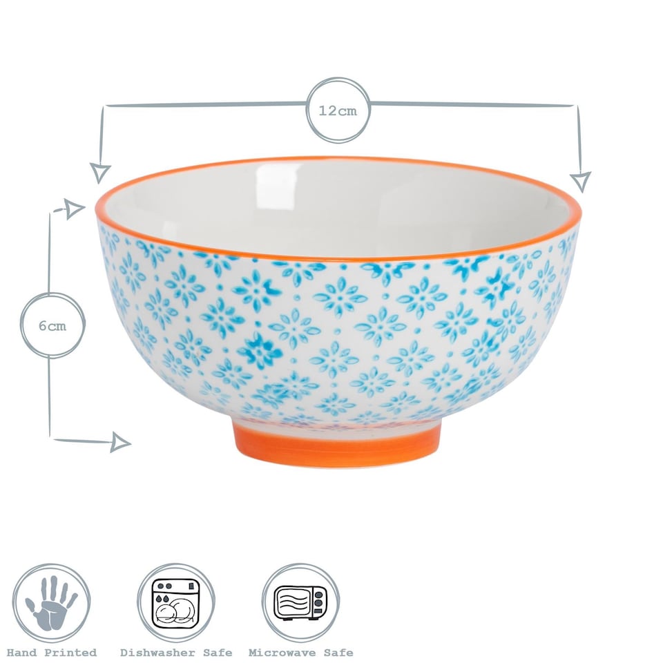image 1 of Nicola Spring Hand-Printed Rice Bowls - 12cm - Orange - Pack of 6 | Orange | Multi-Coloured