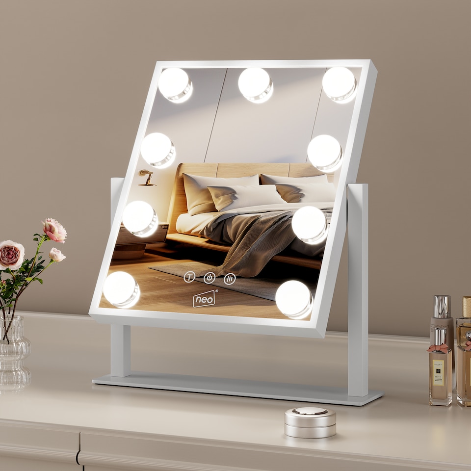 image 1 of Neo Hollywood Vanity Touch Mirror with 9 LED Bulbs Lights Makeup Lighted 360° Rotation 3 Colour Dimmable Lighting Modes