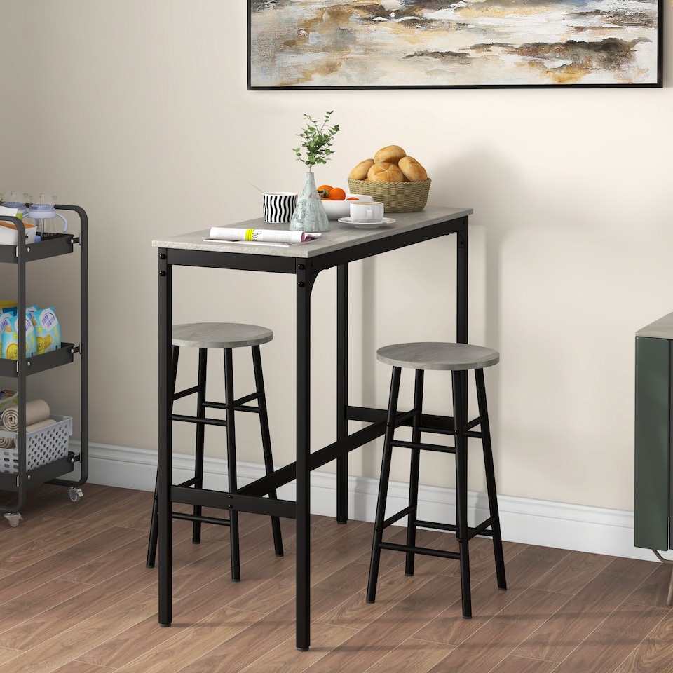 image 1 of HOMCOM 3 Piece Bar Table Set with 2 Stools, Industrial Bar Table and Stool Set, Dining Table and Chair Set for Small Space, Grey