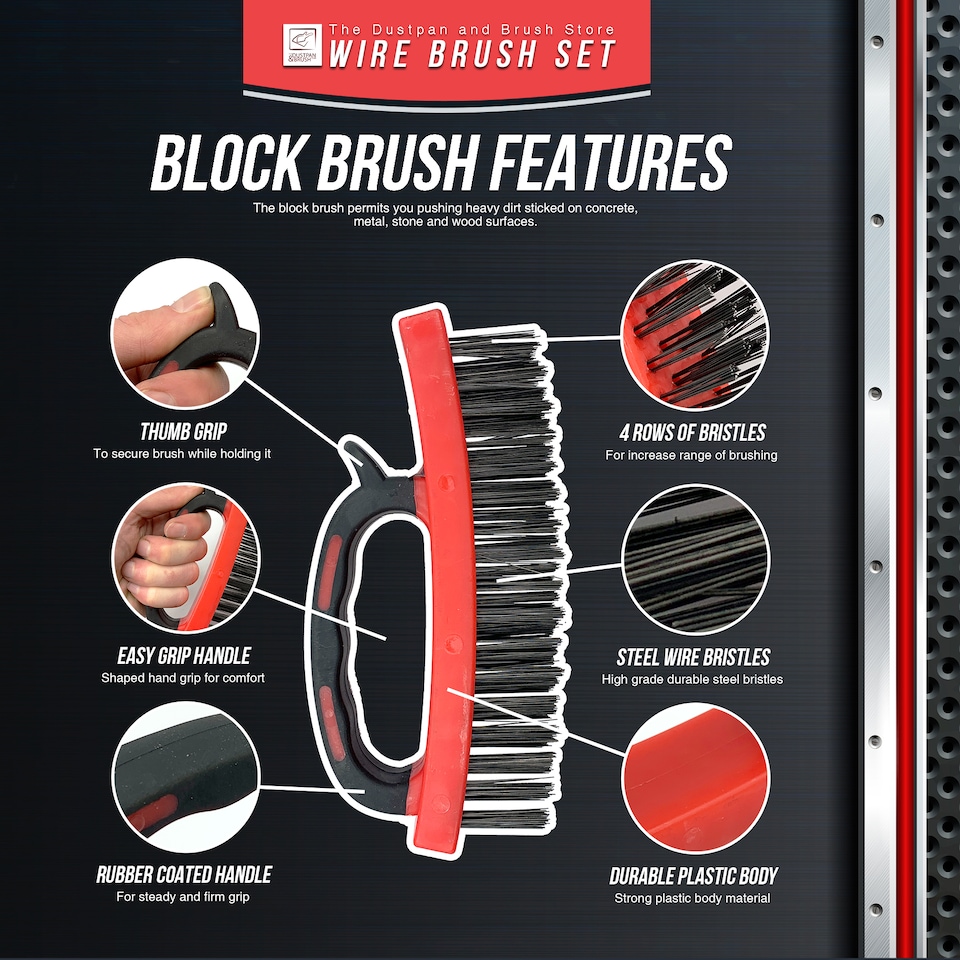 image 1 of Heavy Duty Wire Brush Set Steel Bristle Long Handle, D-Grip Block Rust & Paint Removal Kit