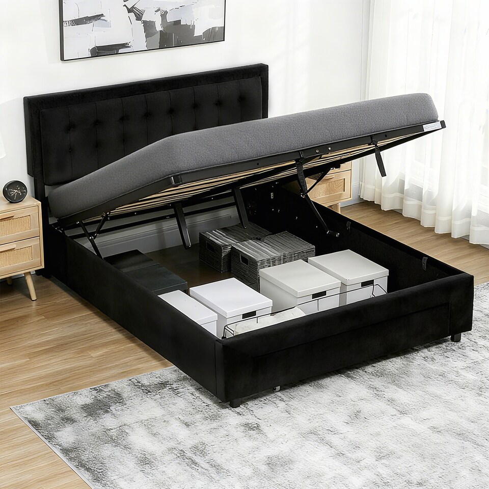 image 1 of HOMCOM King Size Bed Frame with Storage and Adjustable Headboard, Black | Black