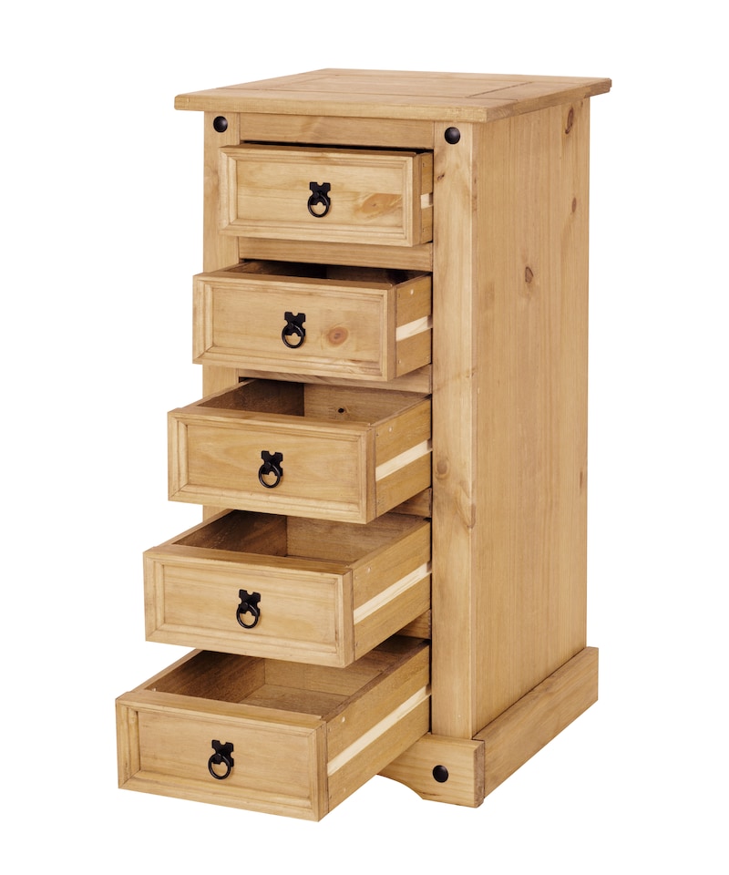 image 1 of Corona 5 Drawer Narrow Chest of Drawers Tallboy Mexican Solid Pine