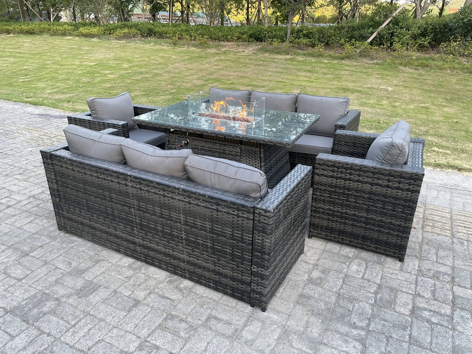 image 1 of Fimous Outdoor Rattan Garden Furniture Gas Fire Pit Table Sets Gas Heater Lounge Chairs Dark Grey 8 Seater