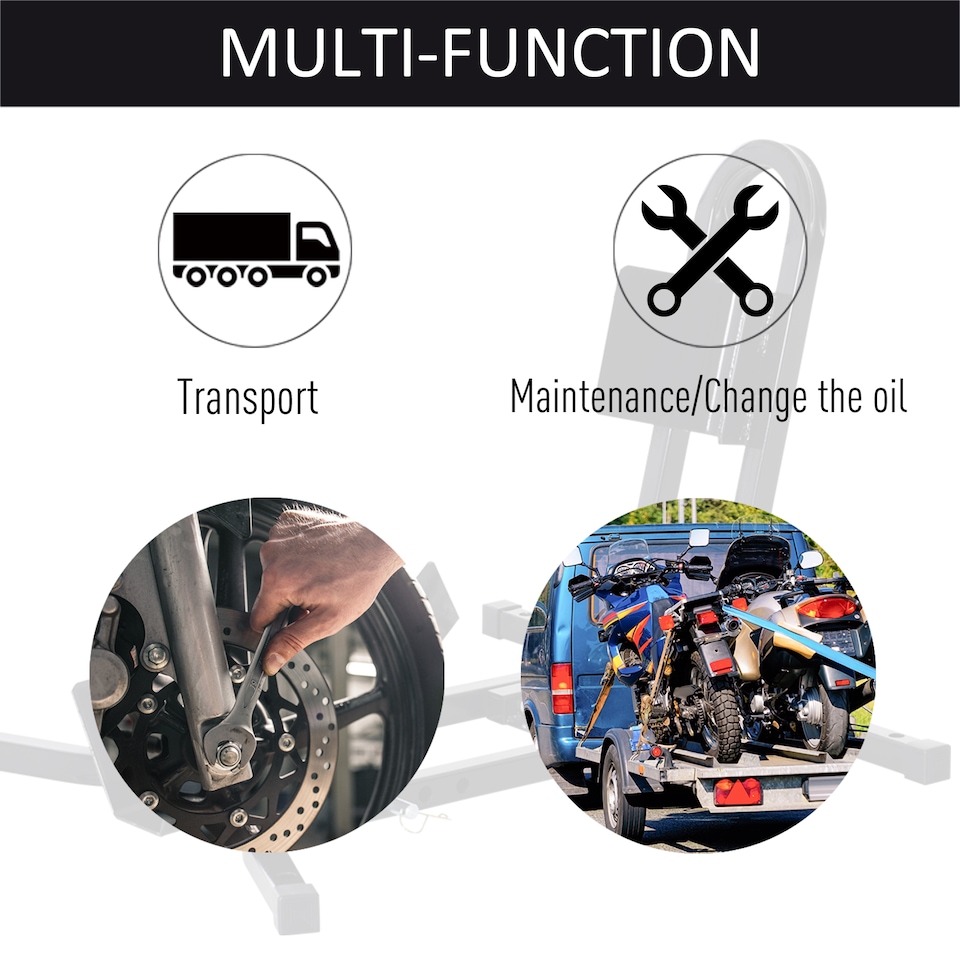 image 1 of HOMCOM Metal Motorcycle Motorbike Wheel Chock Locking Stand System 17", 19", 21"/43, 48, 51 cm Front Wheels Steel Adjustable Fixing Tyre Holder Support