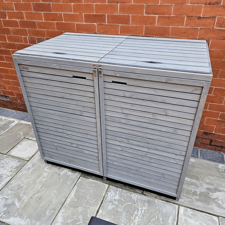 image 1 of 1.35m x 1.14m Large Grey Wooden Outdoor Garden Double Wheelie Bin Store Storage for 2 Bins
