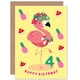 image 1 of Flamingo Fruit Fun Cartoon Age 4 Year Old Child Kids 4th Birthday Card