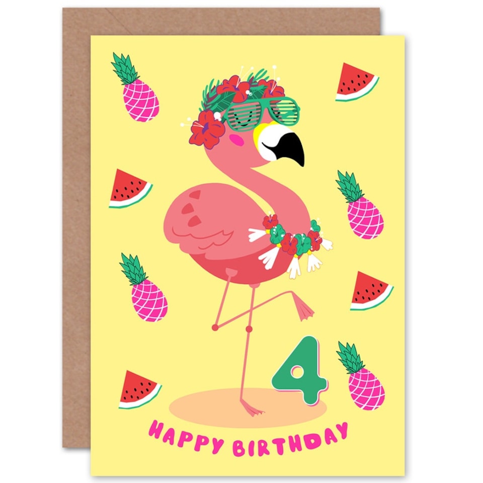 image 1 of Flamingo Fruit Fun Cartoon Age 4 Year Old Child Kids 4th Birthday Card