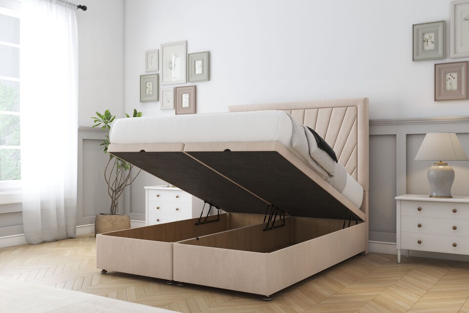 image 1 of Sloomy Somerset Sand Naples Ottoman Bed With Mattress With 54" Floor Standing Headboard 4'6 Double