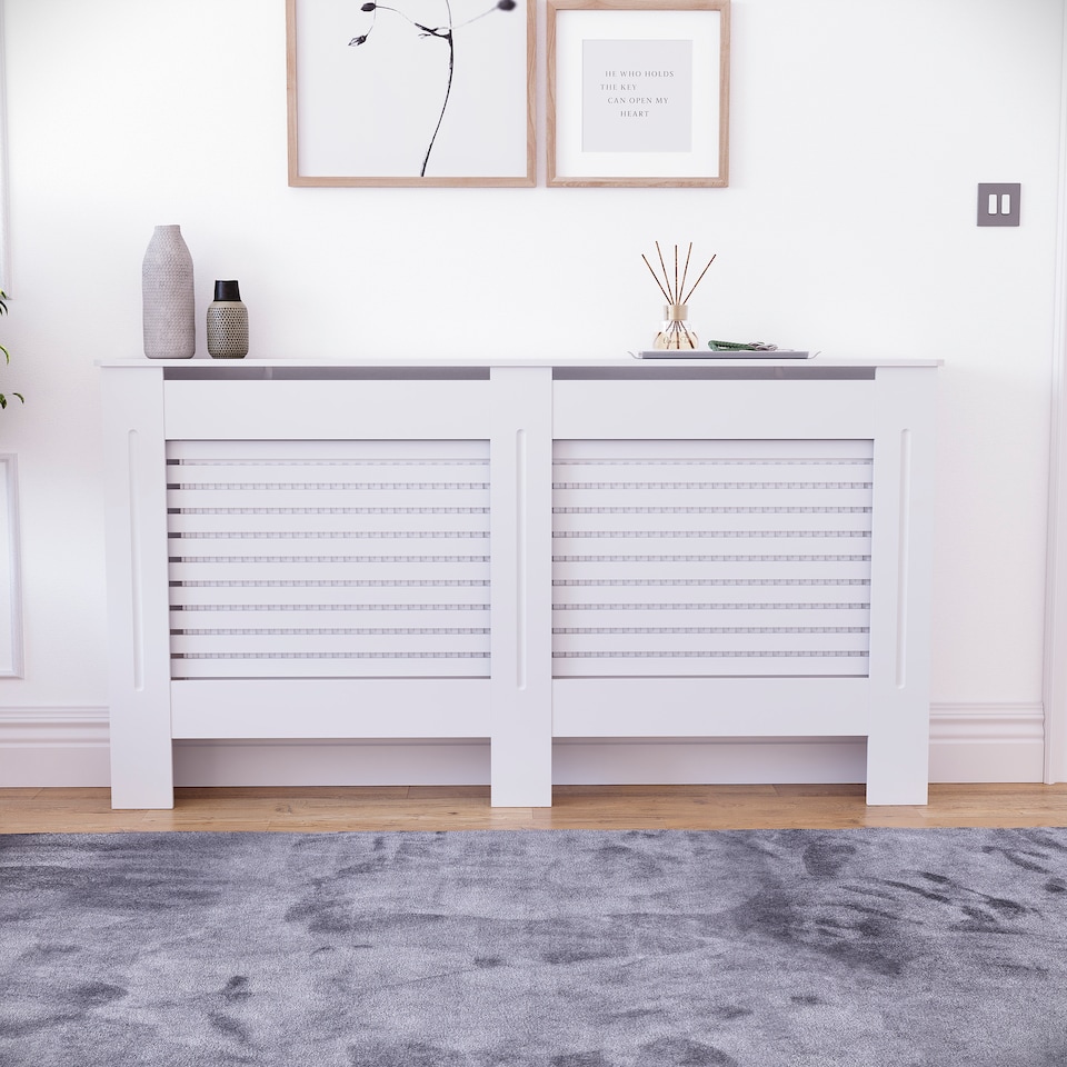 image 1 of Vida Designs Milton Radiator Cover Painted MDF Slatted Cabinet, White, 152cm