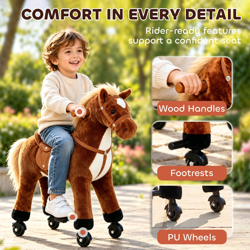 image 1 of HOMCOM Kids Walking Ride on Horse Toy Plush Walk Pony with Wheels Sound