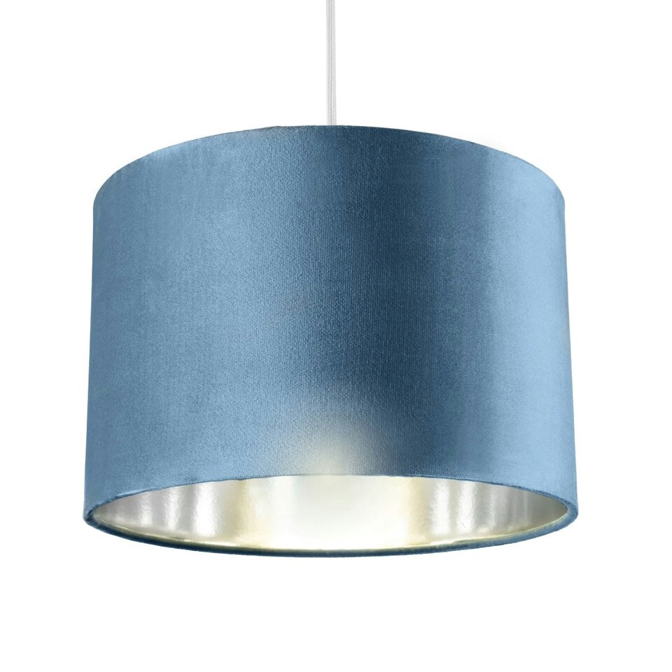 image 1 of CGC NILA Luxury Teal Velvet & Silver Round Pendant Drum Lamp Shade Blue