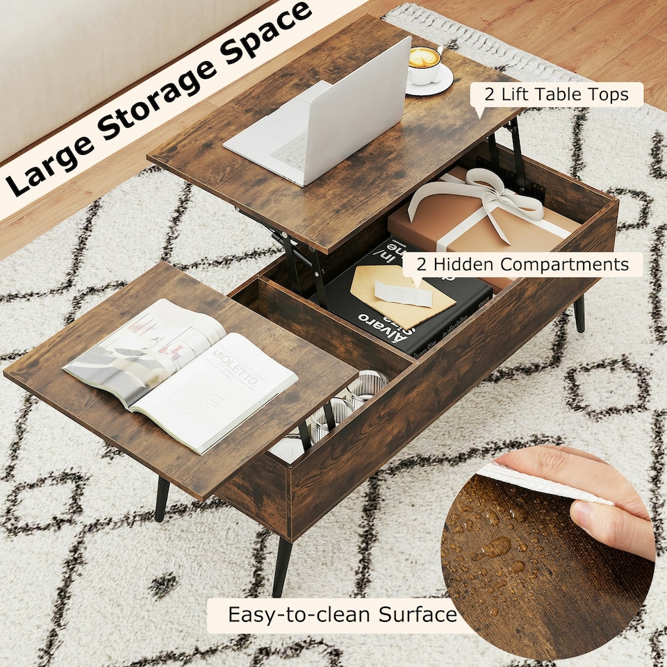 image 1 of COSTWAY Lift Top Coffee Table w/Storage Compartments Brown Brown