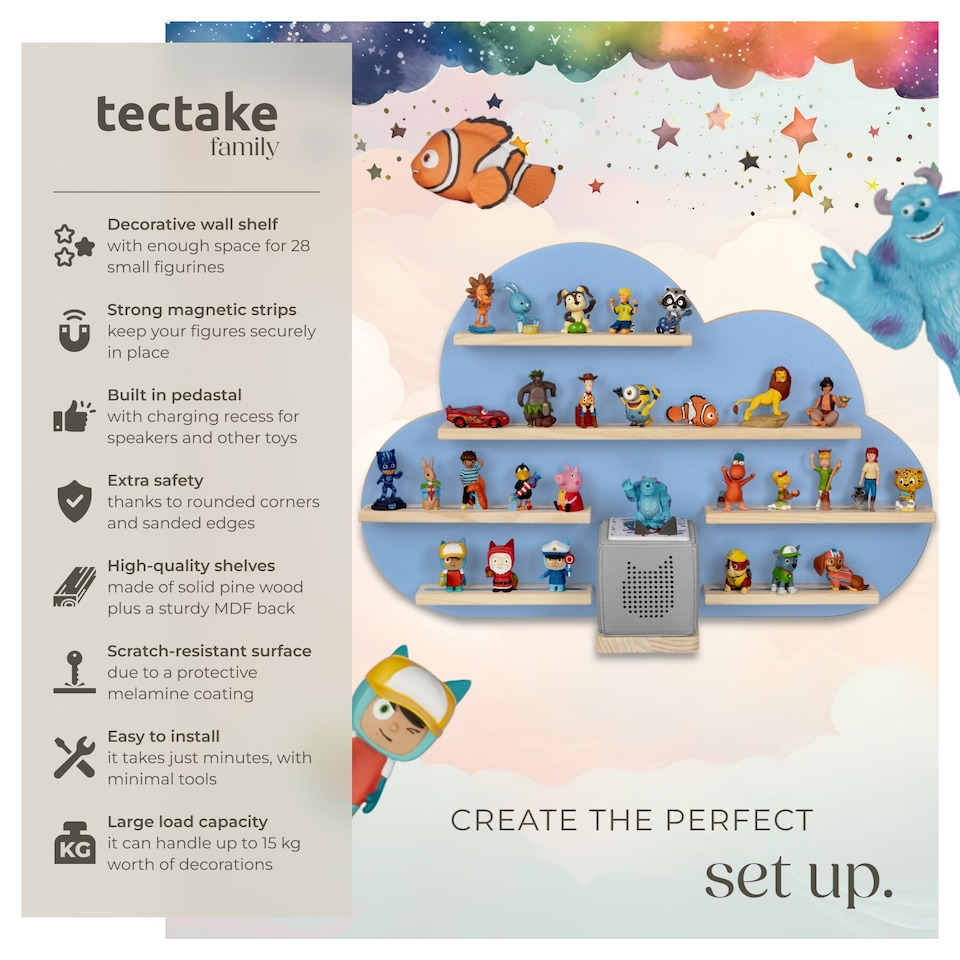 image 1 of Wall Shelf Cloud - child-friendly cloud design, fits 28 figurines, magnetic strips, with integrated cable management