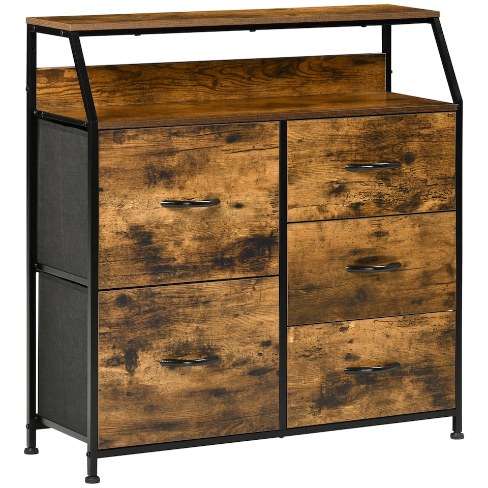 image 1 of HOMCOM Bedroom Chest of Drawers, Industrial 5 Fabric Drawer Dresser with Open Shelf for Living Room, Rustic Brown