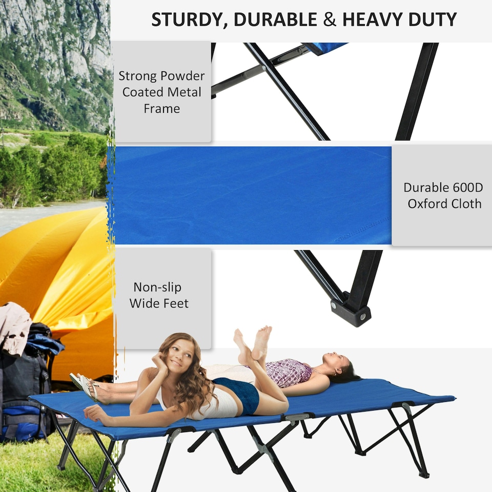 image 1 of Outsunny Double Camping Folding Cot Outdoor Portable Sleeping Bed, Blue