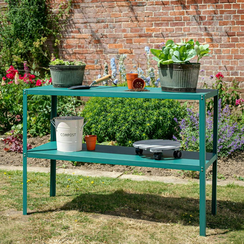 image 1 of Lacewing Twinpack Traditional 2 Tier Greenhouse Staging Shelving Bench in Green 119cm